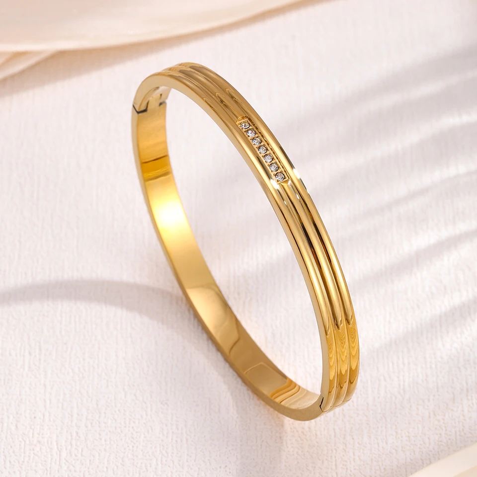 Yupsk 1/3pcs Gold Color Stainless Steel Bracelet Set for Women Shiny Geometric Green Zircon Bangle Stacked Jewelry Gifts 4
