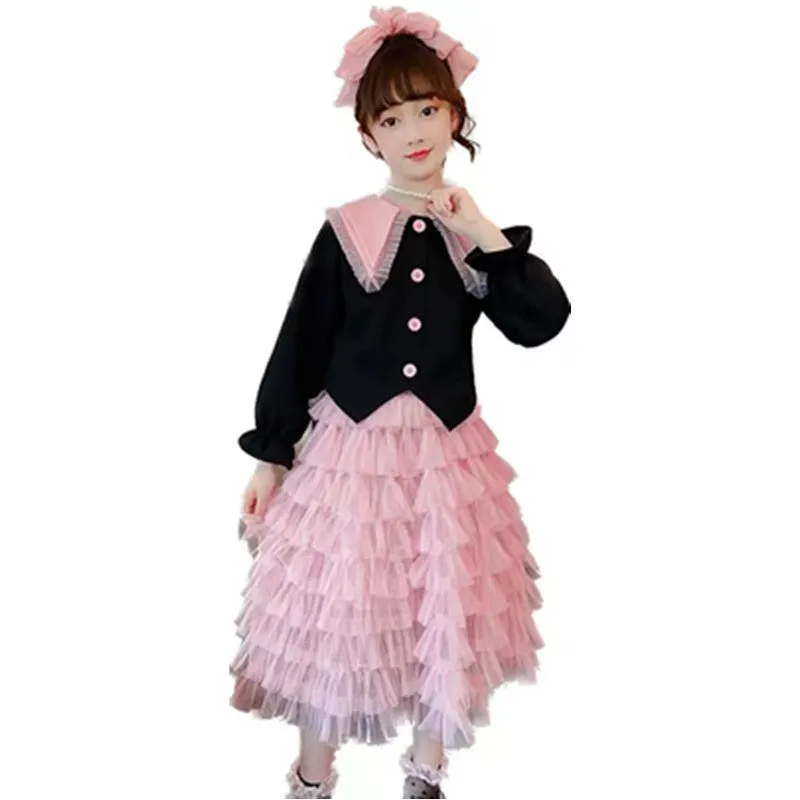 Baby Girls Outfits Jacket+Tiered Skirt Black Pink Patchwork 2pcs Design Kids Clothes Set 5-14 Years Old Teen Girl Clothing Suits