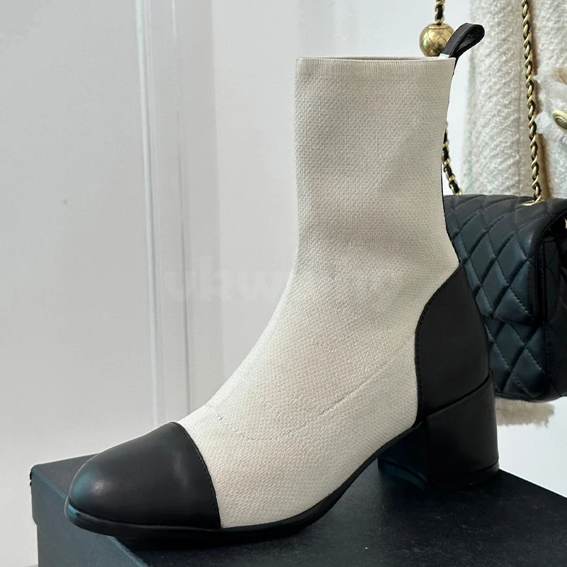 

Women Boots Autumn Winter 2023 New Patent Leather Splicing Woolen Upper Mid Heel Short Boots Appear Thin Versatile Female Shoes