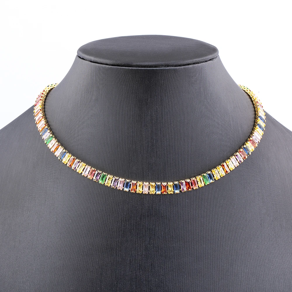 Nidin Classic Colorful Tennis Necklace Men and Women Rectangular Full Zircon Neck Jewelry Adjustable Wedding Party Gift