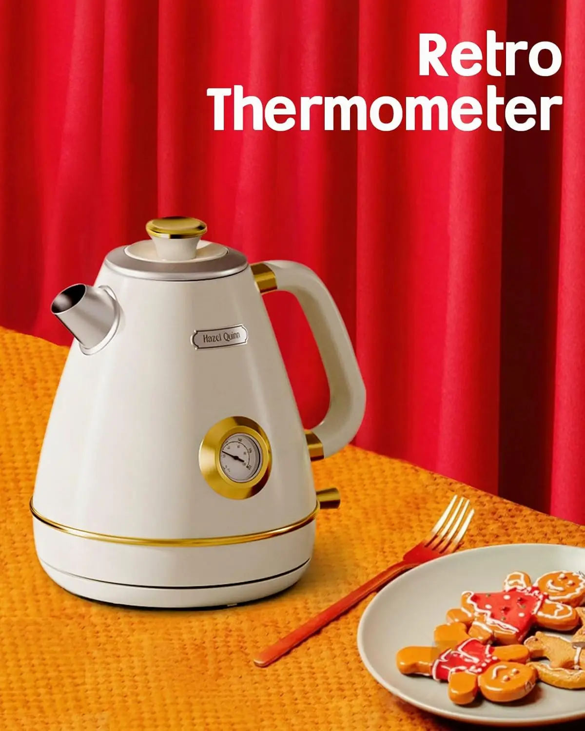 Quinn Retro Electric Kettle-1.7 Liters / 57.5 Ounces Tea Kettle with Thermometer, All Stainless Steel, 1200 Watts Fast B