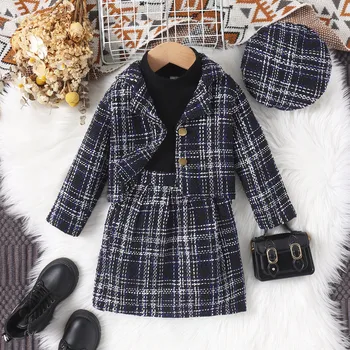 Autumn Winter New Girls High-neck Long-sleeved Top+Tweed Suit Jacket+Skirt+Beret 4Pieces Set Casual Kids Clothing Age 3T-8T 1