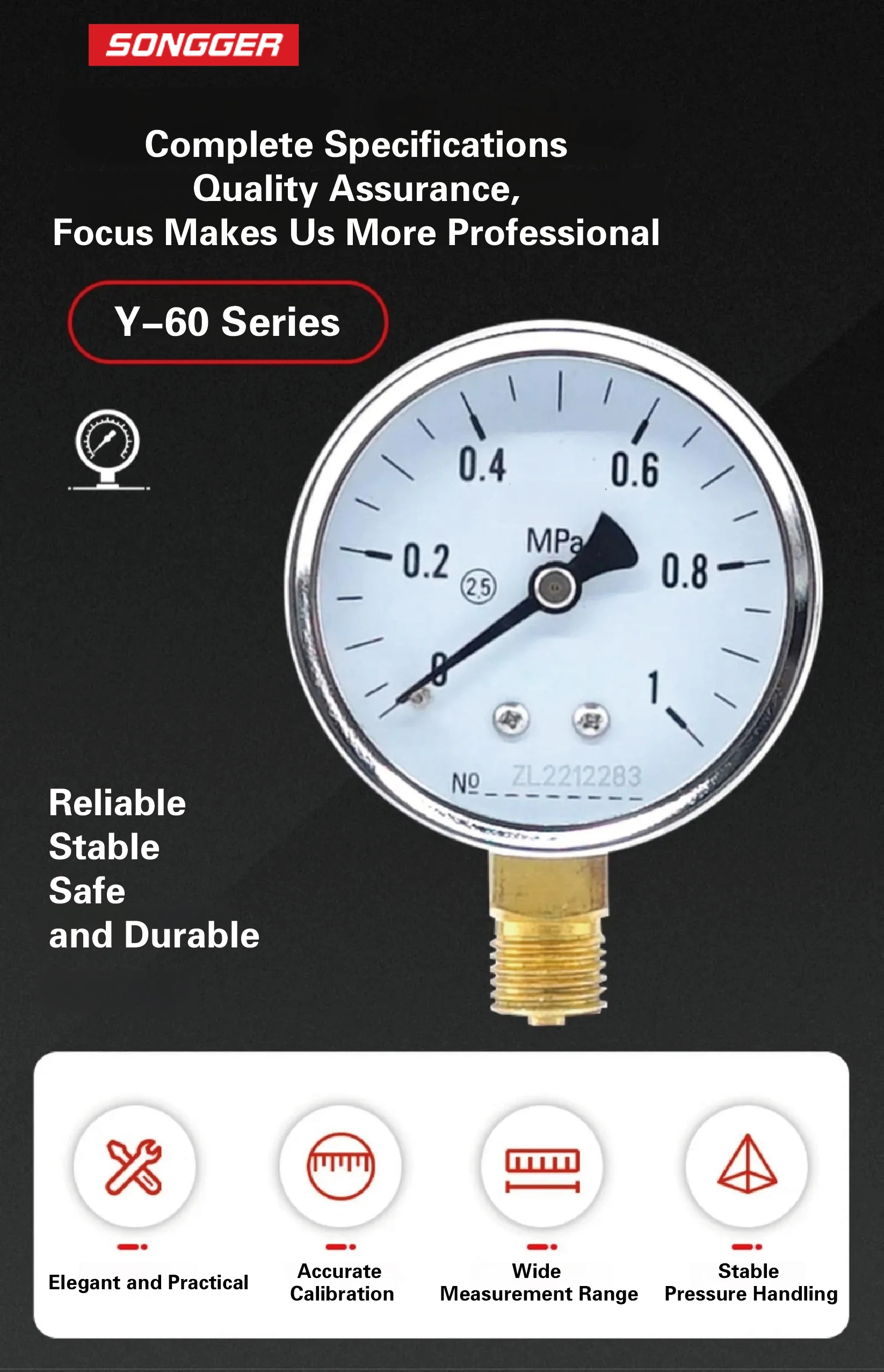 Y-60 Analog Mechanical Pressure Gauge Axial and Radial Mount Vacuum Negative Pre