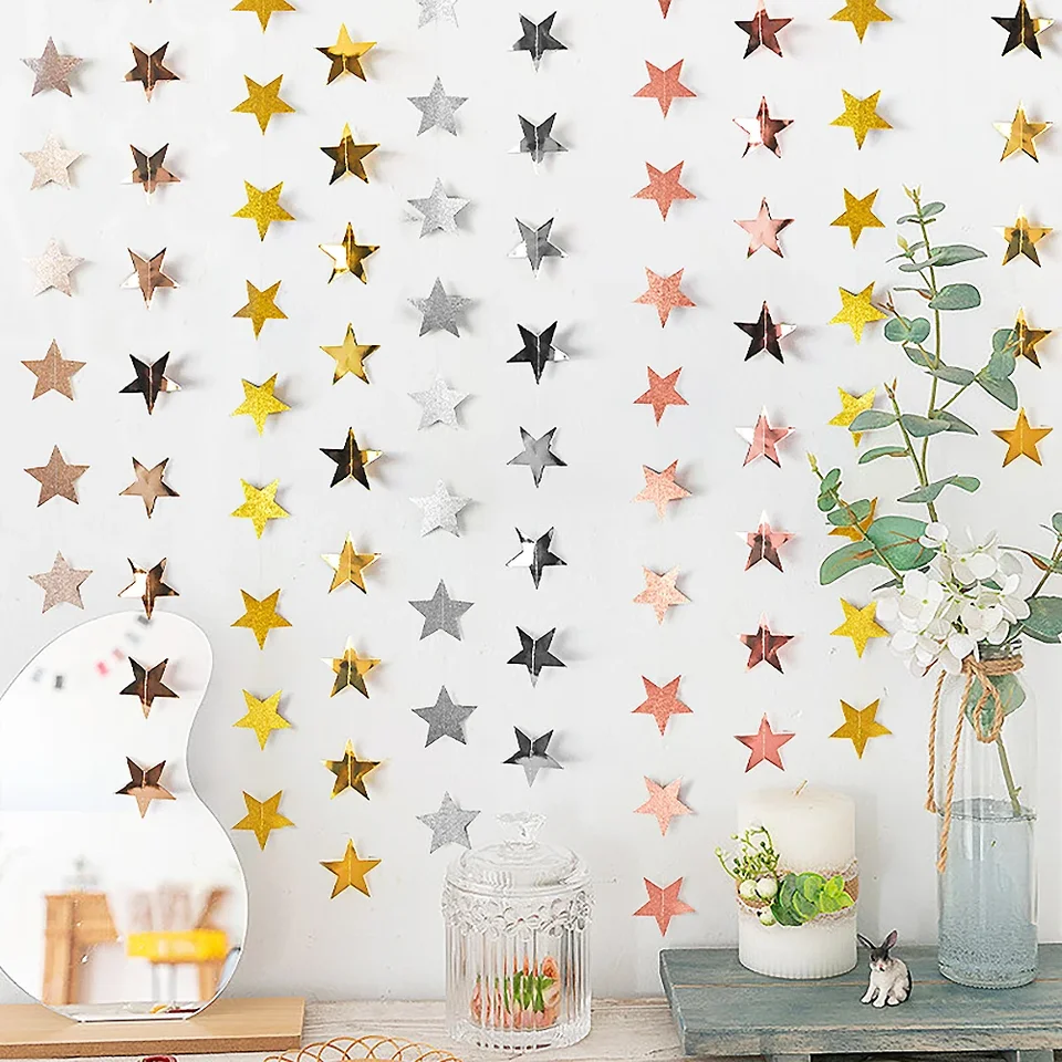 4-Pack Christmas Tree Garland With Glitter Stars - 12.5 Ft Each, Green & Gold Paper Banner For Ceiling, Party, Baby Shower Decor - View #10