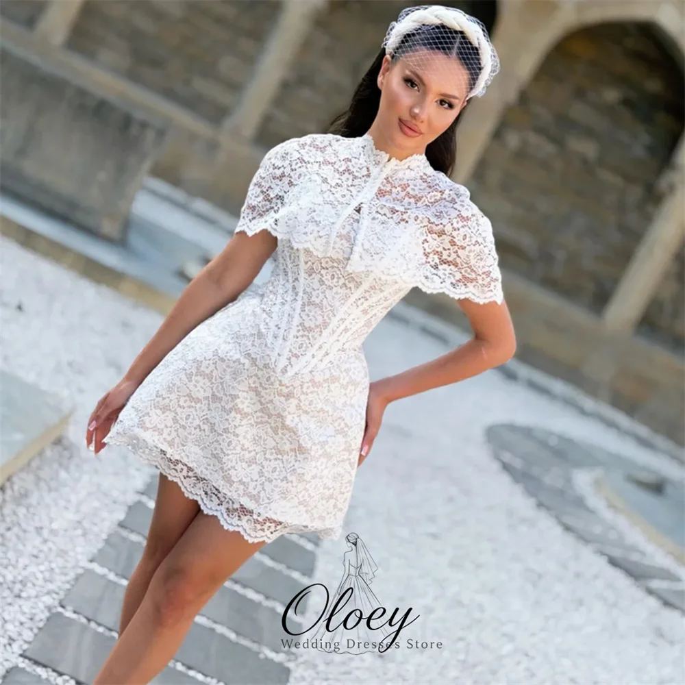 OLOEY Modern Lace High Neck A-Line Wedding Dresses For Woman Cape Sleeve Mini Bridal Gown Wedding Party Dress Customized