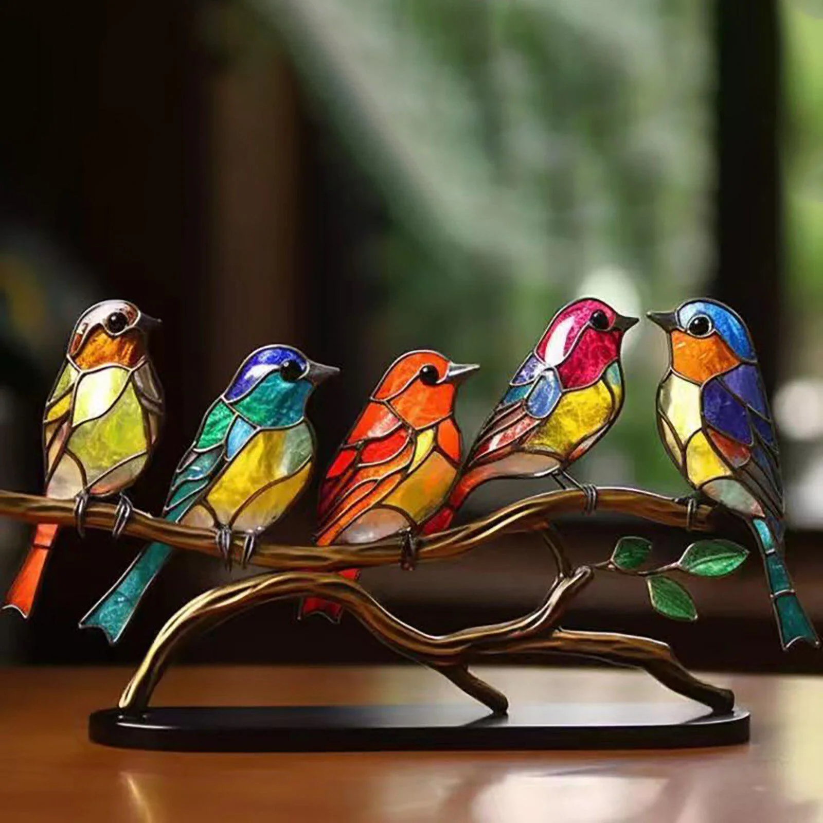 

5Styles Stained Metal Art Bird Ornament 1pcs Birds Standing on Branch Ornaments for Home Desktop Office Living Room Bedside Gift