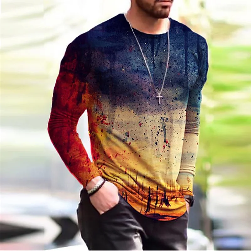 【美品】Edge Gradient Long Sleeve T-shirt XS-6XL Plus Size Men's Clothing Fashion T-Shirts Autumn Long