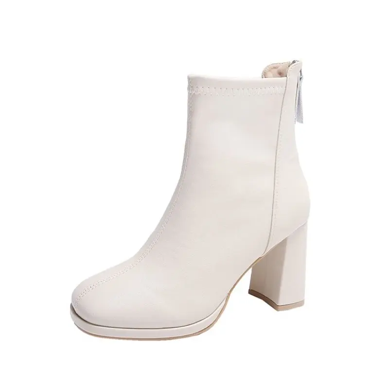 Women's Back Zipper Beige High Heels Ankle Boots Winter New Female Square Toe Chelsea Boots High Quality Mid Heel Short Botines
