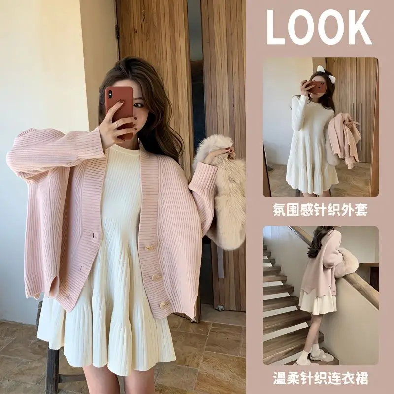 

Korea Two Piece Dress Set V-Neck Sweater Cashmere Knit Cardigan Women Loose Solid Color Coat Short Girl Dress Autumn And Winter