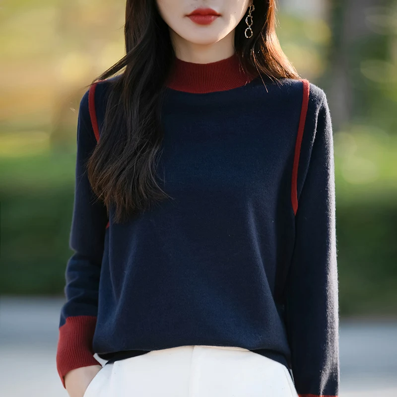 Autumn Winter Women Fine Wool Sweater Mock Collar Color Blocking Splicing Pullover Knitwear Thickening Clothing Bottoming Tops 4