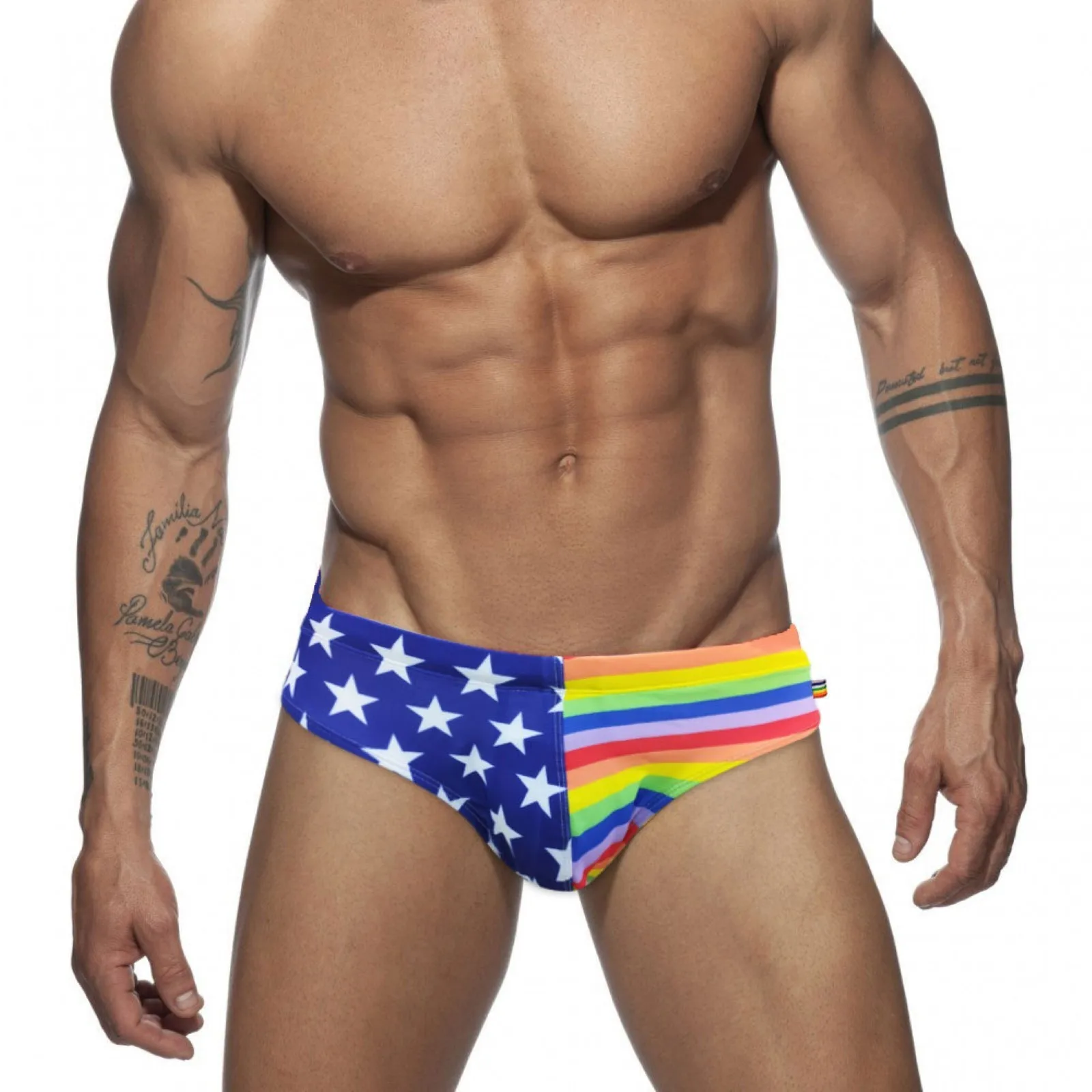 

Youth Stylish Swimsuit For Mens Sexy Rainbow Striped Color Contrast Shorts With Compression Liner Summer Aloha Casual Beachwear