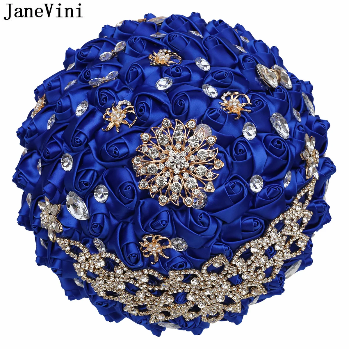 JaneVini Sparkly Crystal Royal Blue Wedding Bouquet Mariage Artificiel 2022 Lace Edge Pearls Rhinestone Bridal Ribbon Flowers