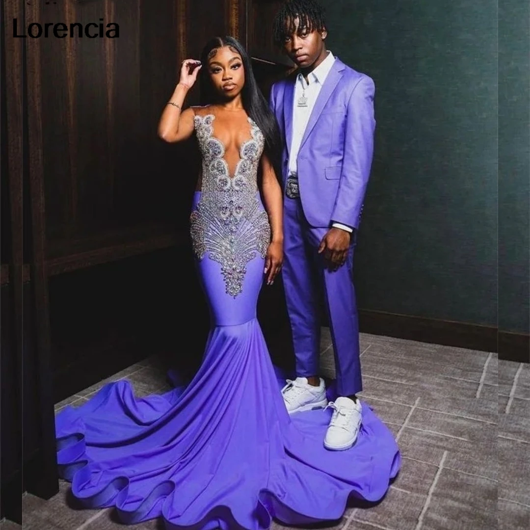 

Lorencia Sparkly Lavender Mermaid Prom Dress For Black Girls Applique Beading Crystals Evening Party Gown Robe De Soiree YPD81