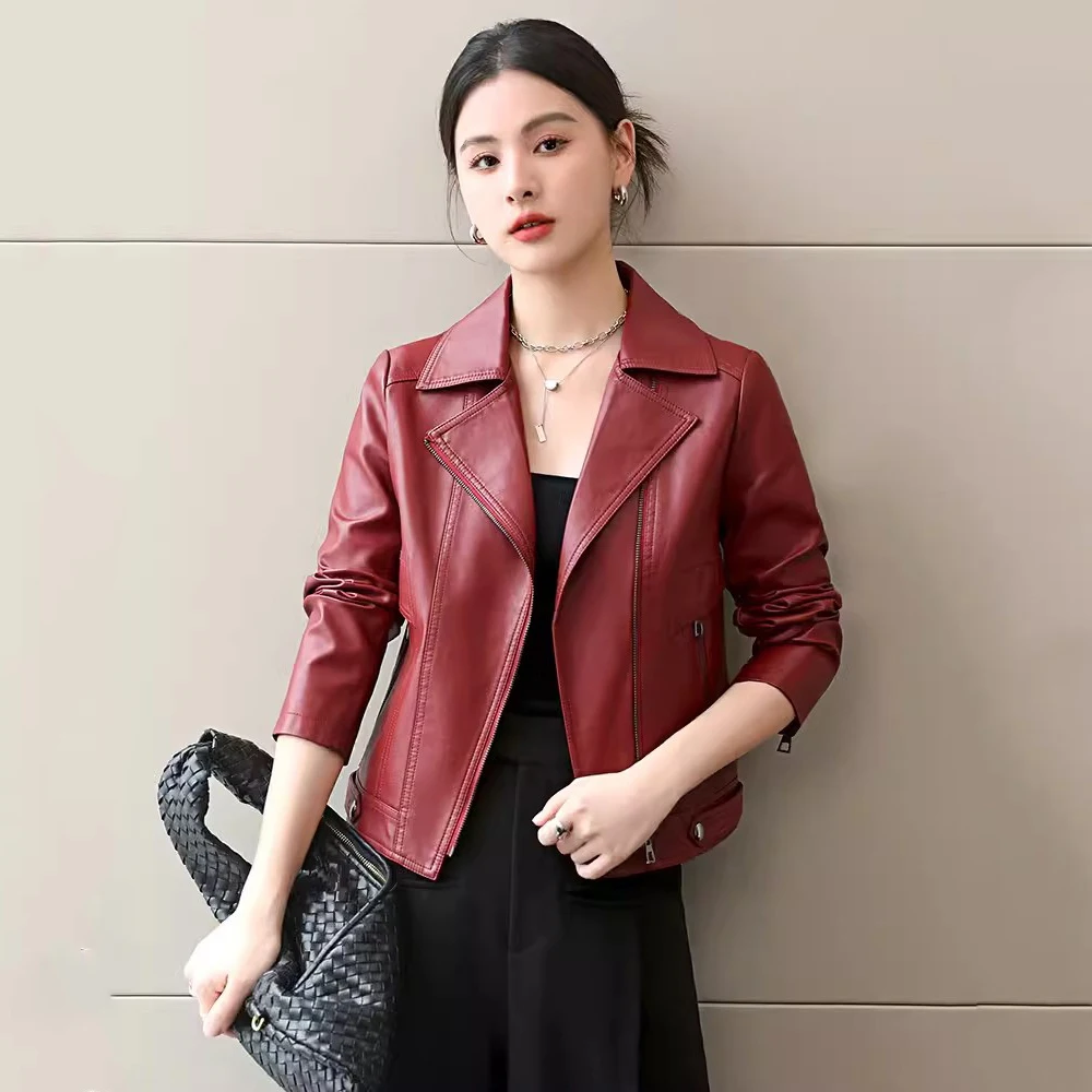 

New Women Spring Autumn Burgundy Leather Jacket Fashion Suit Collar Long Sleeve Slim Sheepskin Jacket Split Leather Casual Coat