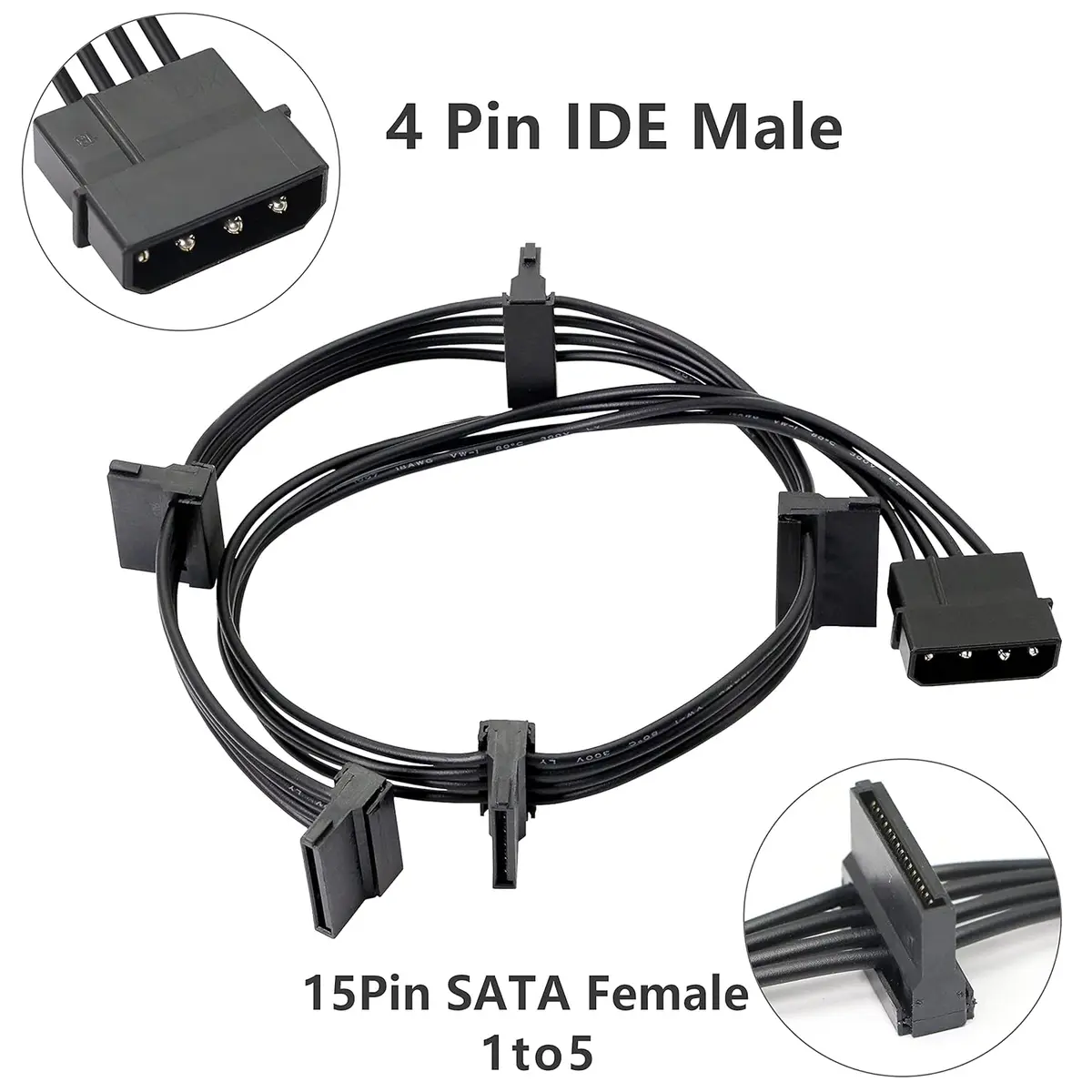 High Quality 1 Pcs Practical Durable PC Server 4 Pins IDE Molex 1 to 5 SATA Power Cable Adapter Splitter Cables 18AWG Black 40cm — view 3