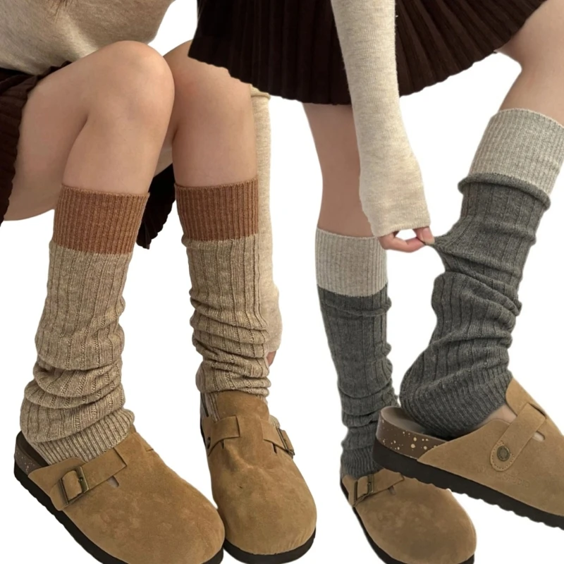 

1 Pair Winter Leg Warmer Women Harajuku Ribbed Knitted Colorblock Long Boot Socks