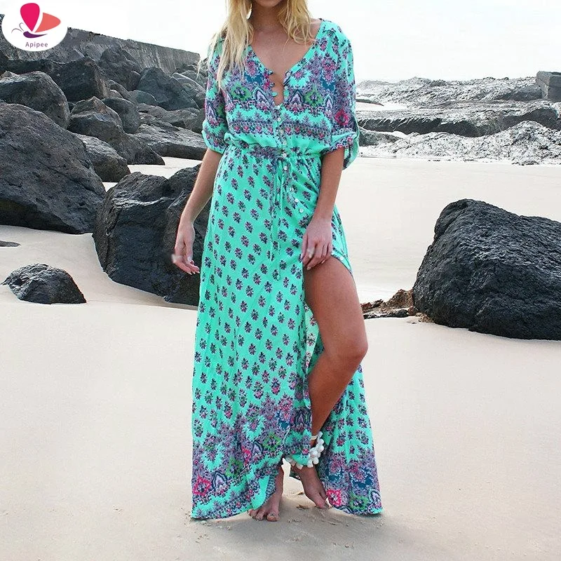 

Bohemian Printing Beach Dress Long Sleeve Hippie Chic Long Maxi Holiday Dress One Size Bandage Dresses Vacation Vestidos