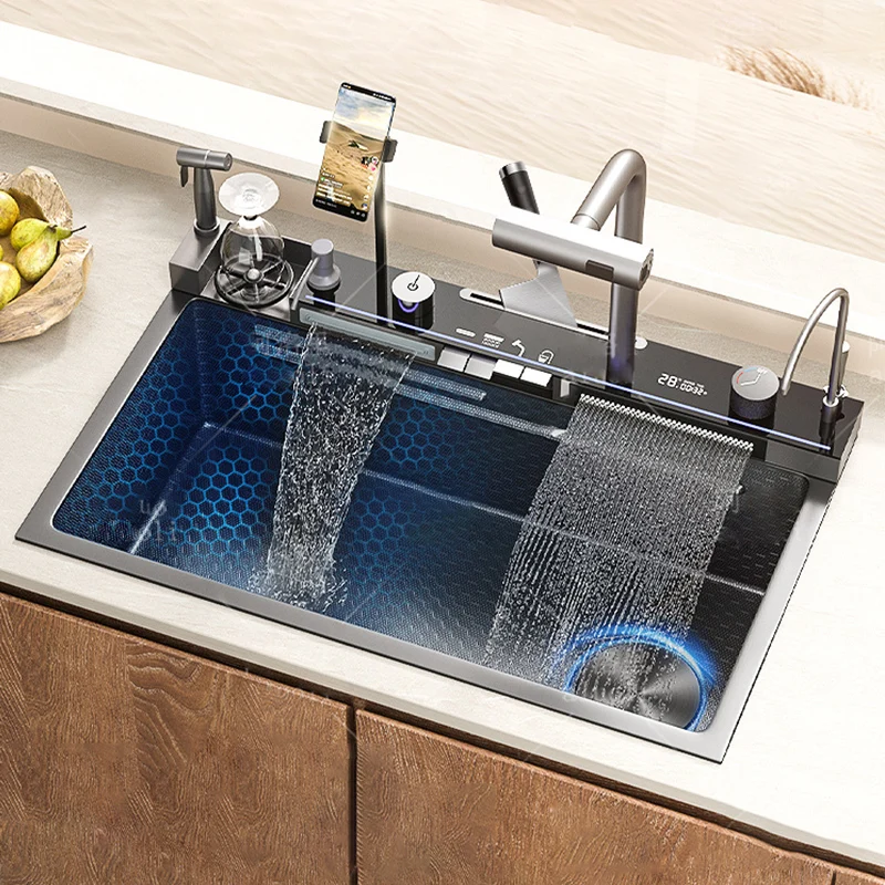 Smart Waterfall Kitchen Sink Honeycomb Embossed Stainless Steel Single Slot Digital Wash Basin Apartments Apartment Washing Tank