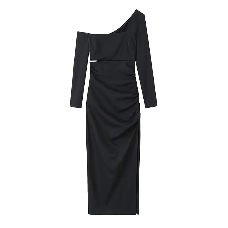 

2023 New Women Folded Asymmetric Slim Fit Midi Dress Spring&Autumn Fashion Versatile Black Sexy Dress