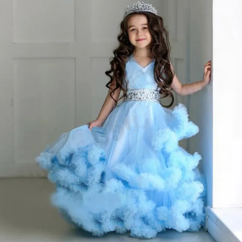 

Sky Blue Flower Girl Dress for Wedding Beading Tulle V Neck Little Girl Pageant Gown Mom Kids Matching Gowns