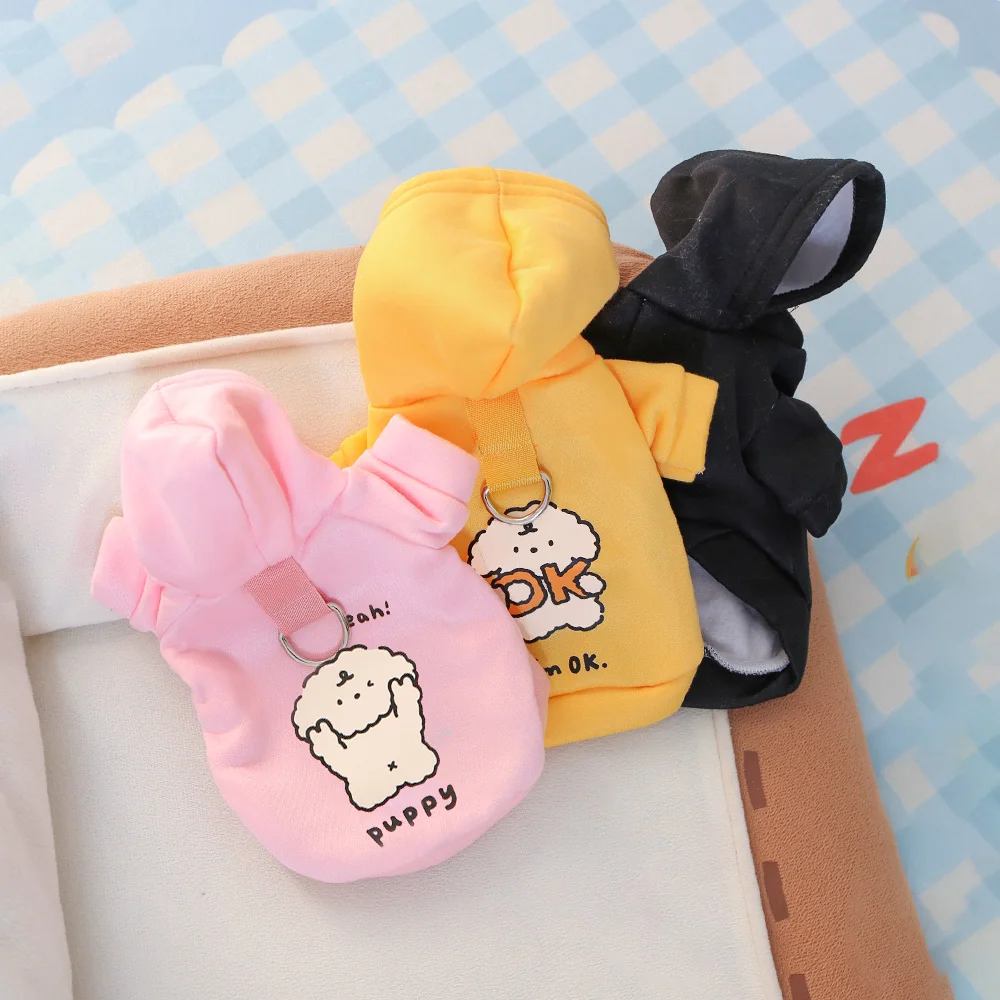 Cat and Dog Clothes for Autumn and Winter Milk Silk Flannel Cute Dog Print Hoodie Drawstring Buckle