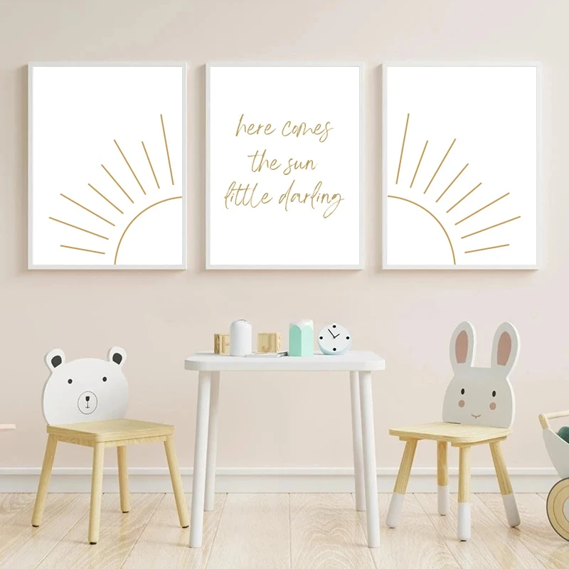 

Modern Minimalist Nursery Wall Art Prints, Here Comes the Sun, Quote Poster, Boho Kids Room Decor, Canvas Painting, Baby Shower