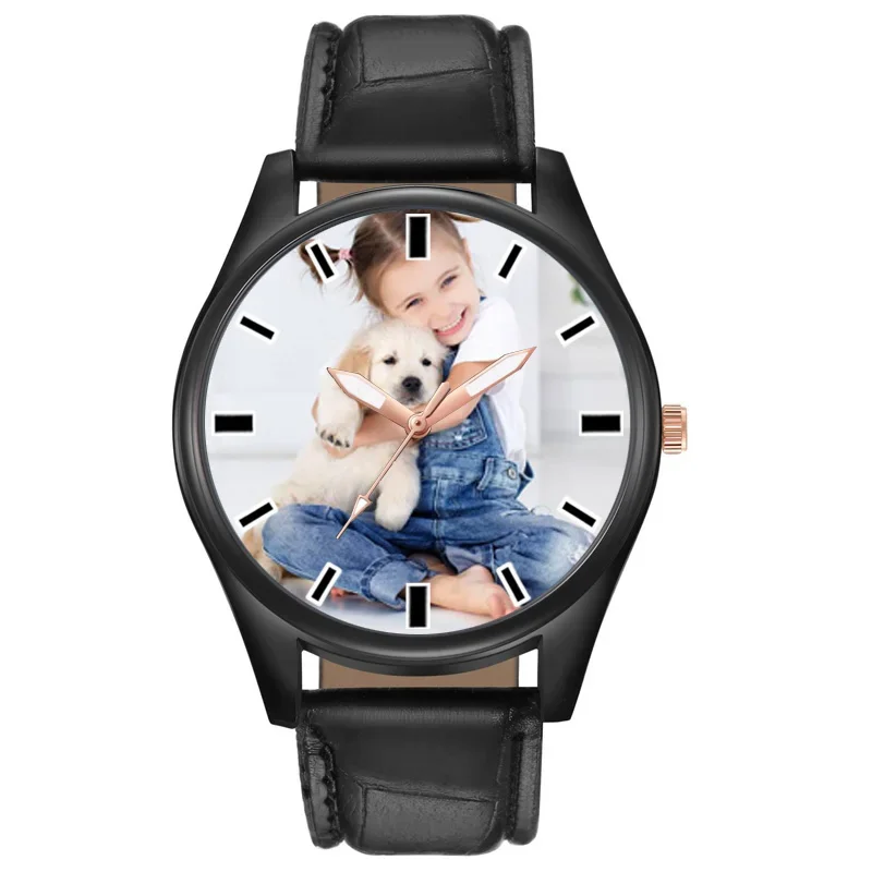 Men Customize Photo Logo Watch Black Gift For Men Leather Quartz Watches Picture Print Clock OEM