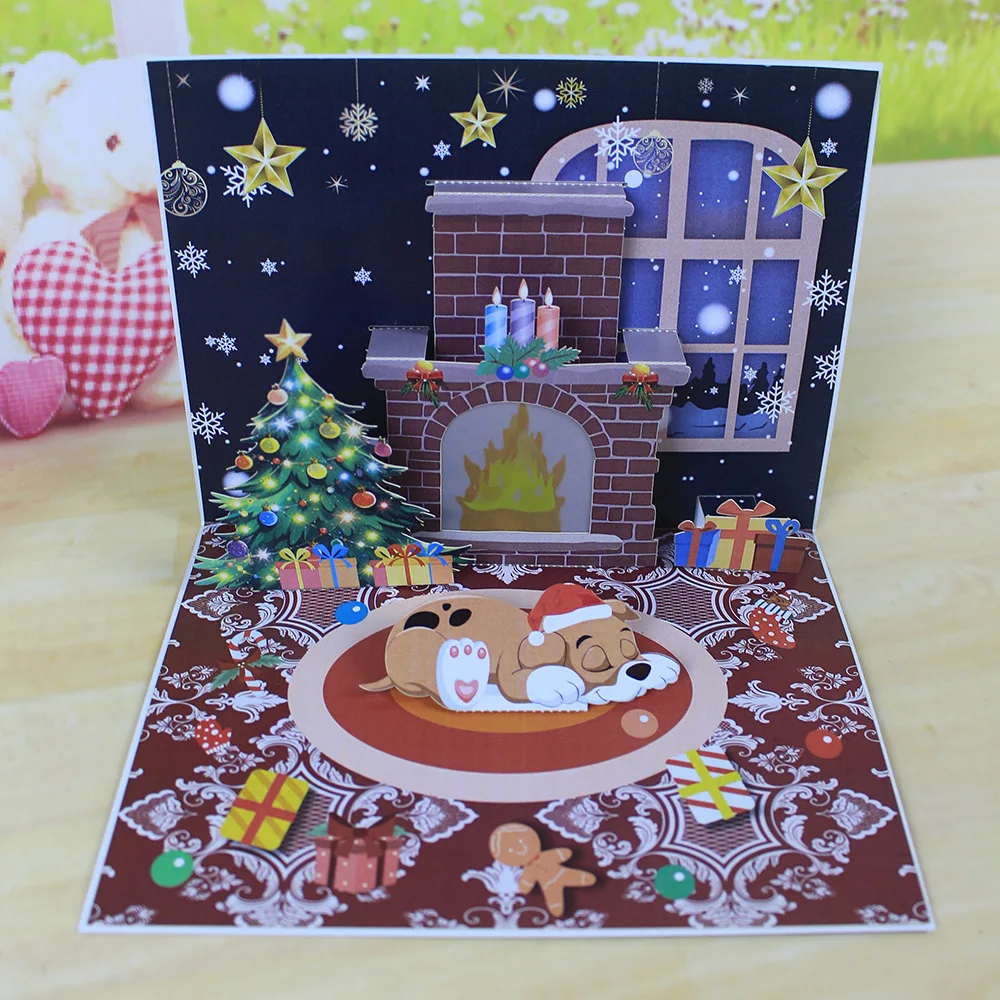 1PC Christmas Blessings Music Lights Projection Elderly Fireplace 3D Stereoscopic Greeting Card Paper Sculpture New Year Card greeting cards