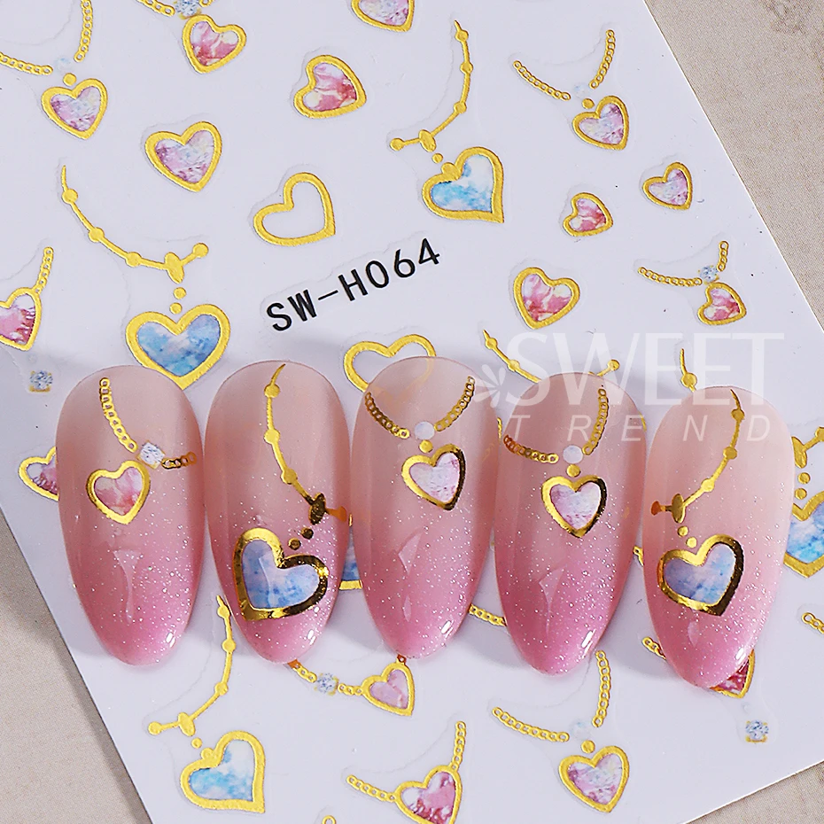 2pcs Metallic Love Heart Nail Stickers 3D Bronzing Line Peach Heart Nail Decals DIY Romantic Valentine's Day Manicure Decoration