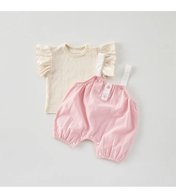 Description Picture 6 of itemSummer Infant and Toddler Set, Female Baby Thin Vertical Striped Strap Pants Minimally Stylish Cotton Top, T-shirt Two Piece Set