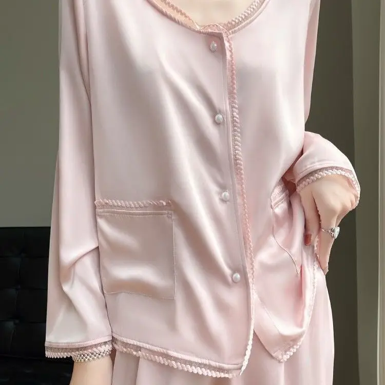Plus Oversize 4XL Women Pajamas Set Female French Style Elegant Round Neck Home Suit Silk Stain Spring Summer Casual Loungewear