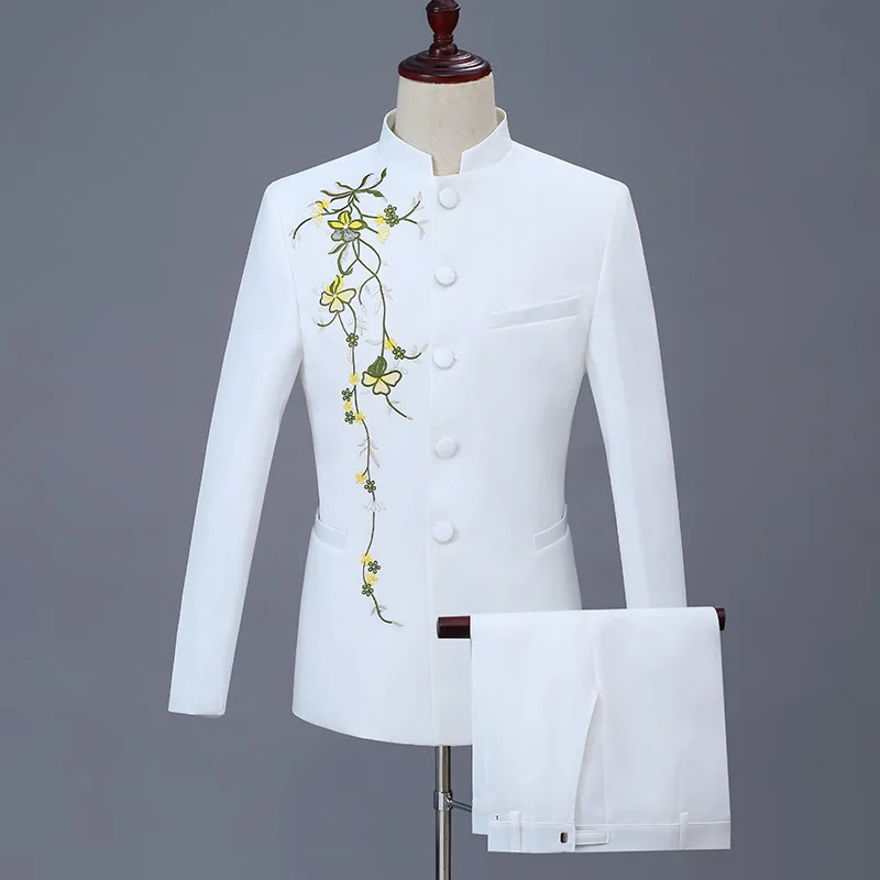 Suit Jacket Pants Two Pcs Set Men's Casual Personalized Printing Stand Up Collar Chinese Tunic Blazers mens suit