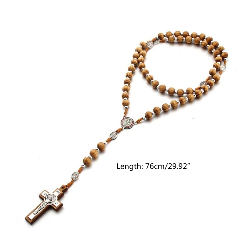 Handmade Wooden Rosary Necklace 10mm Round Beads Christ Jesus Pendant Chain Necklaces Religious Jewelry for Men catholic rosary necklace