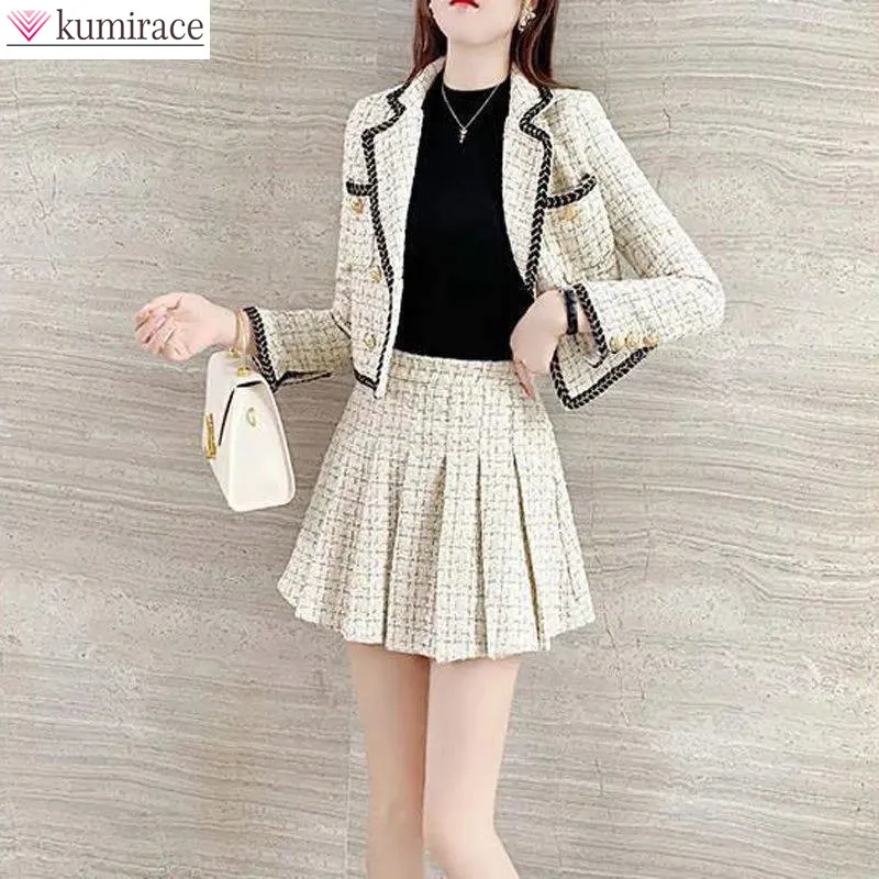 Summer new elegant Korean pop lapel leisure suit jacket skirt pleated skirt suit women squares two-piece casual clothes kandinsky modern squares circles colorful mini skirt women s skirts trend 2023 women s clothing trend 2023