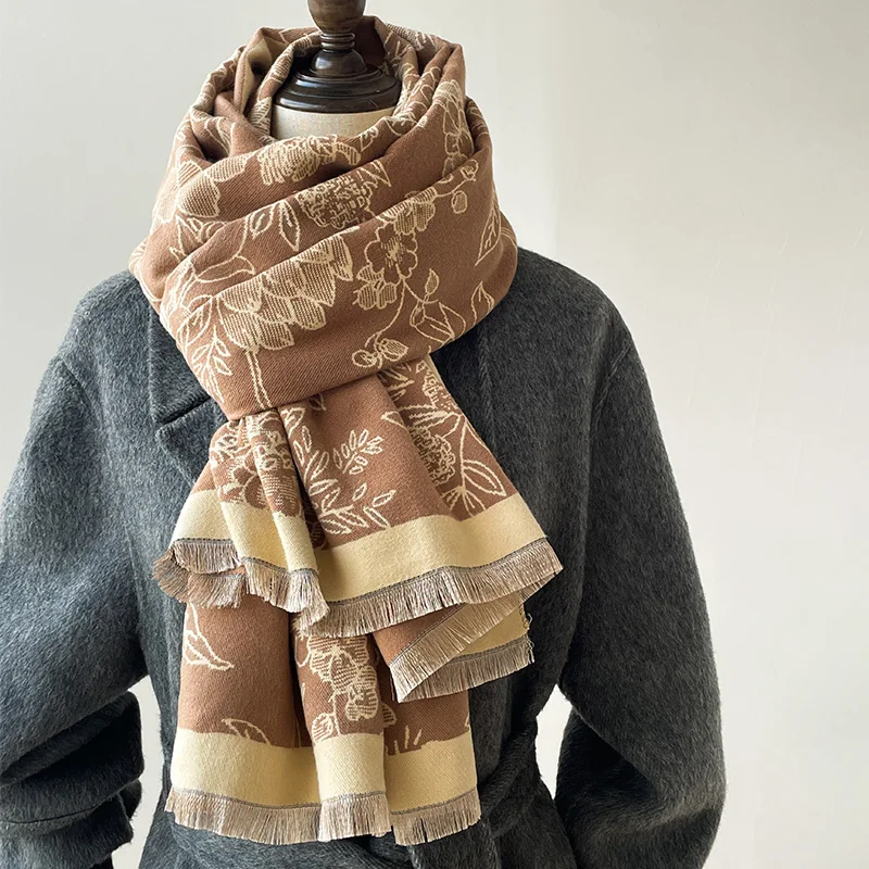 2024 Luxury Floral Print Scarf for Women Warmer Winter Cashmere Pashmina Scarves Shawls Female Thick Blanket Wraps Foulard
