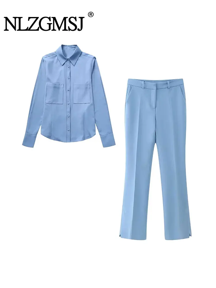 

Осенние женские однобортные свободные блузки Nlzgmsj TRAF с длинными рукавами + однотонные облегающие расклешенные брюки, повседневные комплекты, 2023