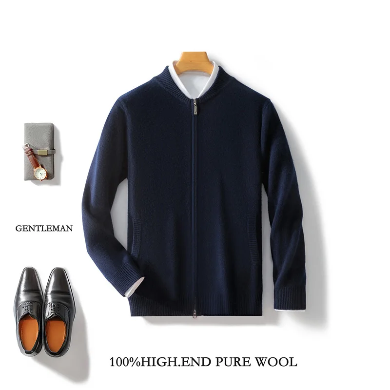 Men's 100% Merino Wool Sweater Knitted Zippered Cardigan Cashmere Thickened Jacket Long Sleeve Stand Collar Tops, Autumn, Winter 2