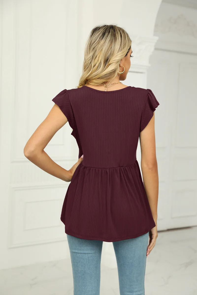 Summer Cute Babydoll Bloues Flare Tunic Loose Peplum Pleated V Neck Short Sleeve Plain Woman Tshirts Knit Rib T Shirt Tees Top