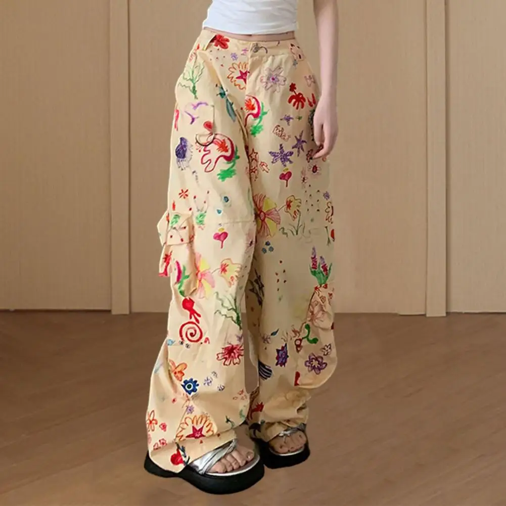 

High Waist Cargo Pants Women Graffiti Floral Print Straight Wide Leg Multi Pockets Loose Long Trousers Streetwear Women Clothing