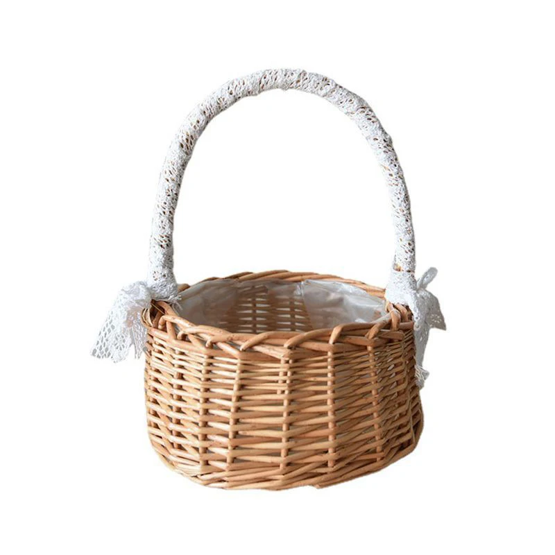 Wedding Woven Storage Basket with Handle and Ribbon Wicker Rattan Flower Basket for Wedding Birthday Party Home Garden Decor 1