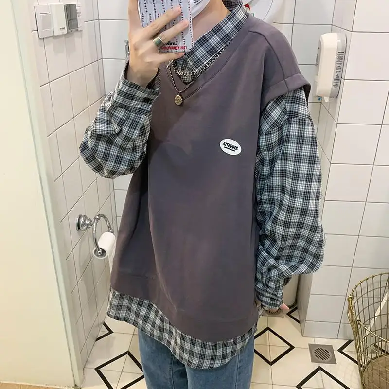 Fashion Printed Spliced Plaid Fake Two Piece Shirts Men's Clothing 2023 Autumn Winter New Casual Pullovers All-match Shirt