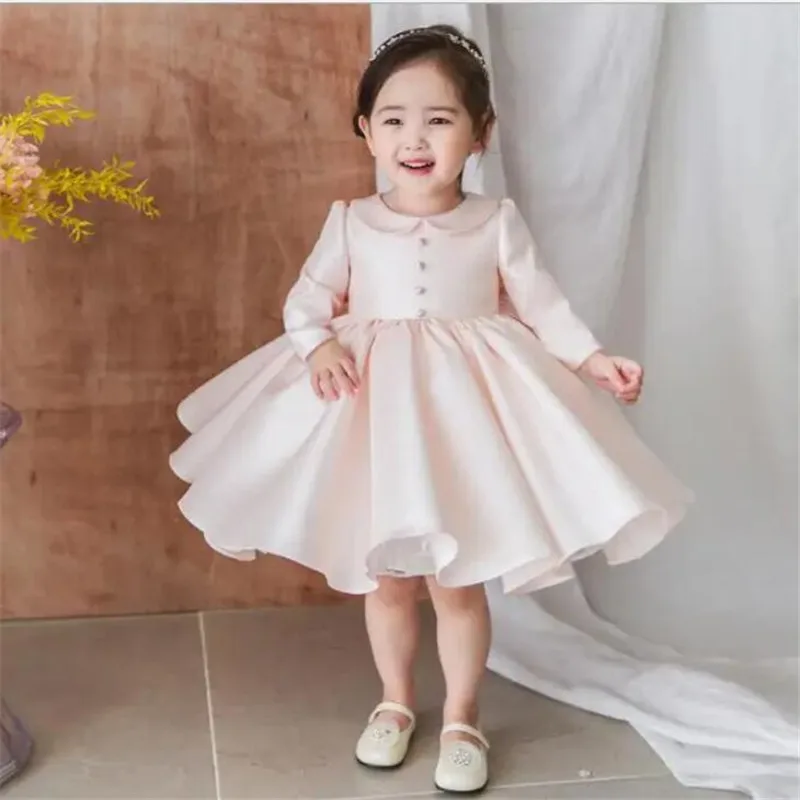 

Pink Satin Christmas Infant Baby Girl Dress Long Sleeve Baptism Girl Dresses For Party 1st Birthday Frock