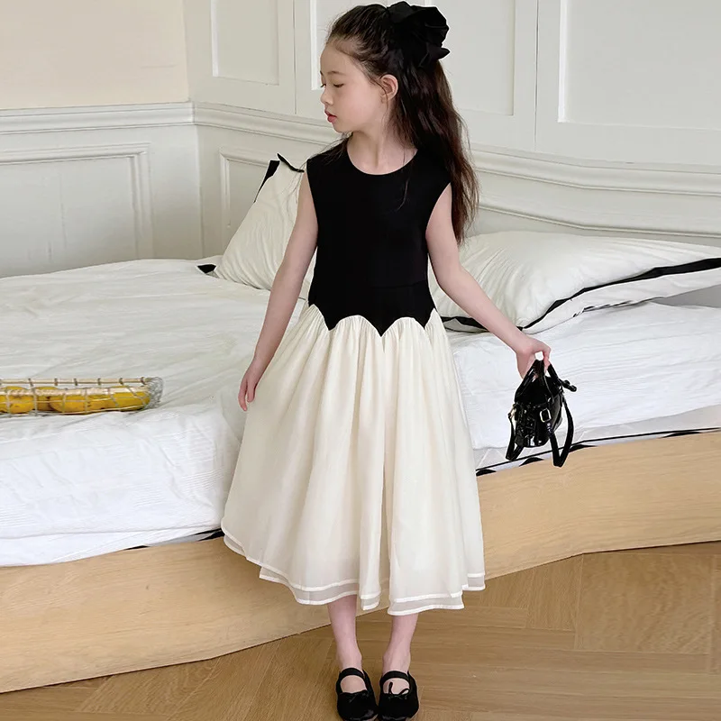 

2024 Korean Summer Children Girl Sleeveless Dress Teenager Girl Dress Patchwork Gauze School Girl Princess Dress Elegant Dress