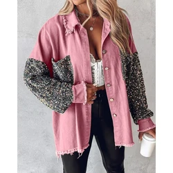 Autumn Women Contrast Sequin Long Sleeve Shacket Jacket Coat Femme Casual Pocket Design Wide Waisted Raw Hem Shirt Coat Outfits