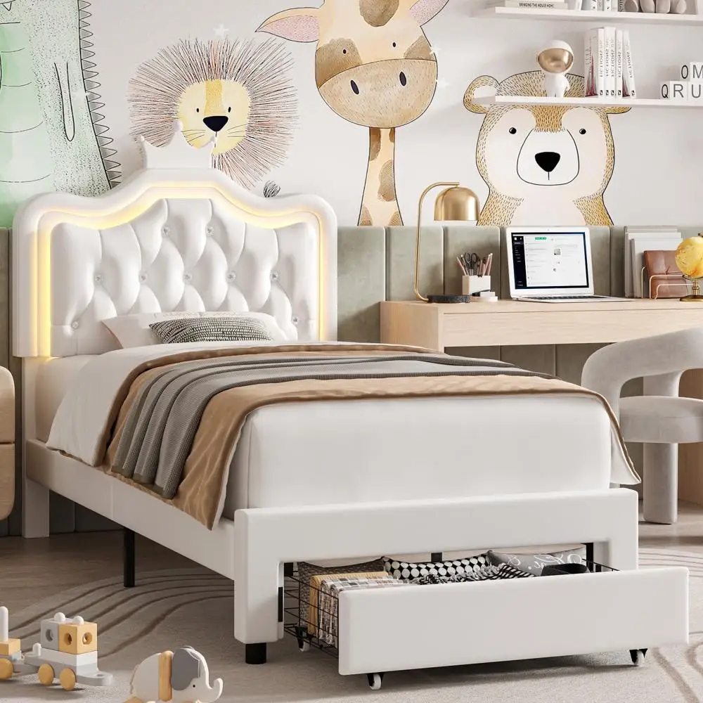 Twin Size LED Upholstered Bed Adjustable Headboard with Storage Drawer Music-Activated Crystal Button Tufted Platform Bed Kids 4