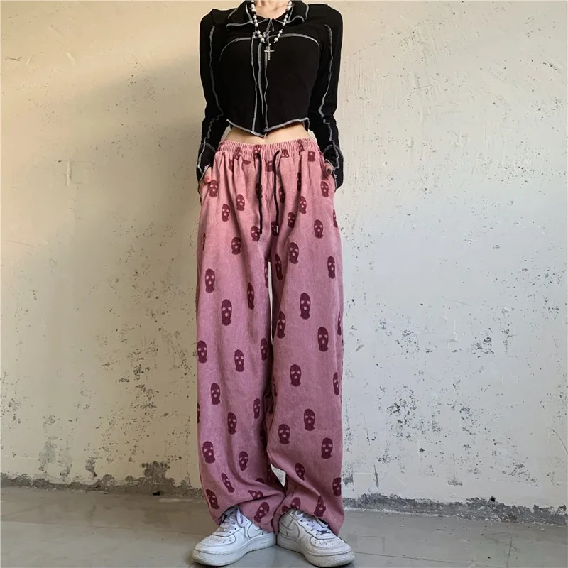 

Corduroy Pants Women's American Vintage Bf Original Old Style Skull Print Elastic Waist Loose Wide Leg Casual Straight Leg Pants