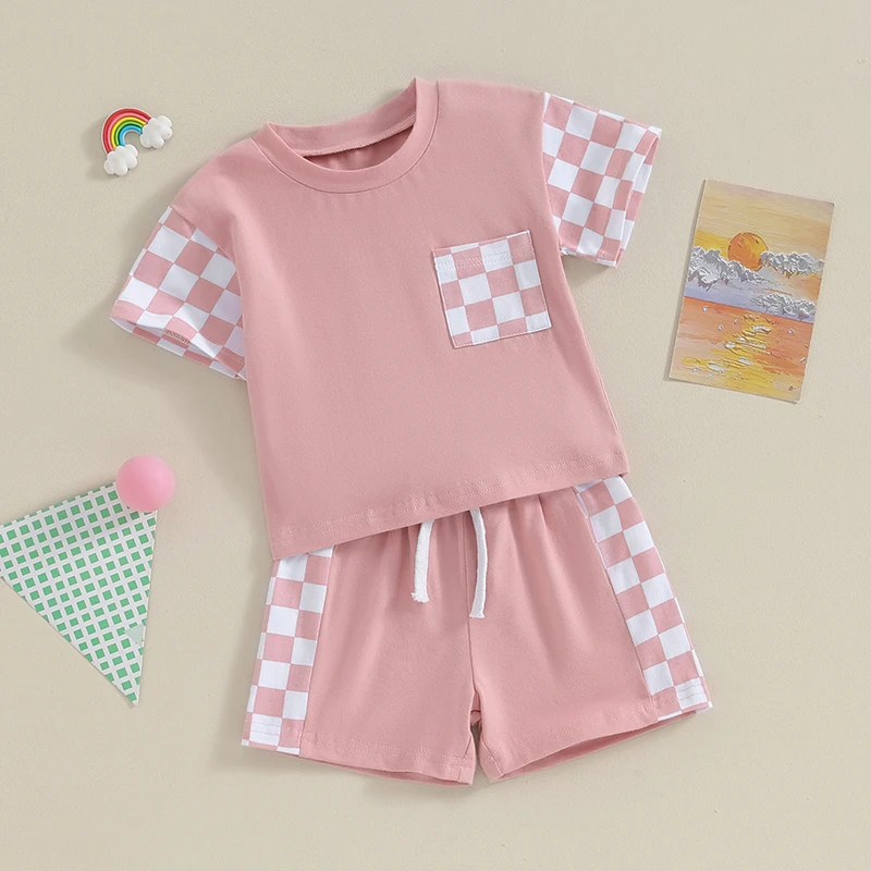 

Летняя одежда для маленьких девочек, наряды, шахматная Лоскутная футболка с круглым вырезом и коротким рукавом и шорты с эластичным поясом, костюм