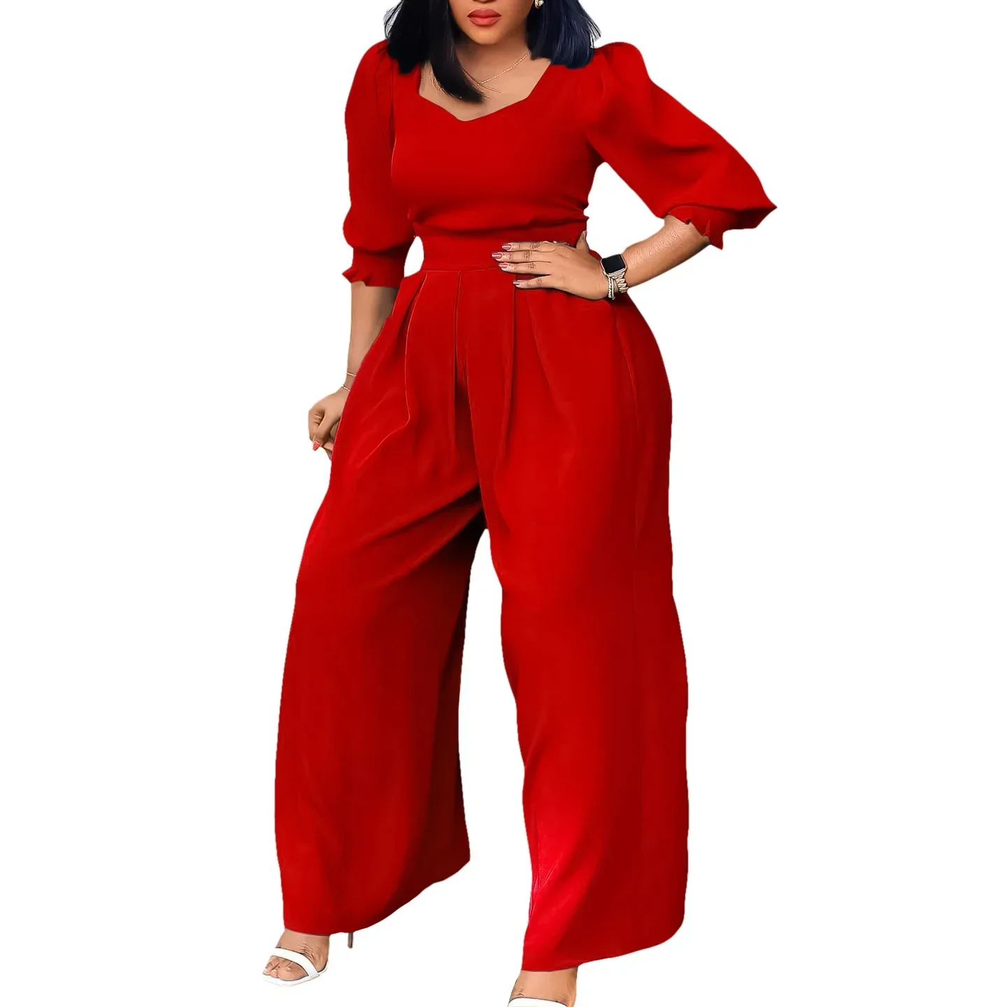 African Women Elegant Long Straight Jumpsuit  Sweetheart Collar Loose Wide Leg One Piece Romper Female Fashion Wear Big Size 3XL