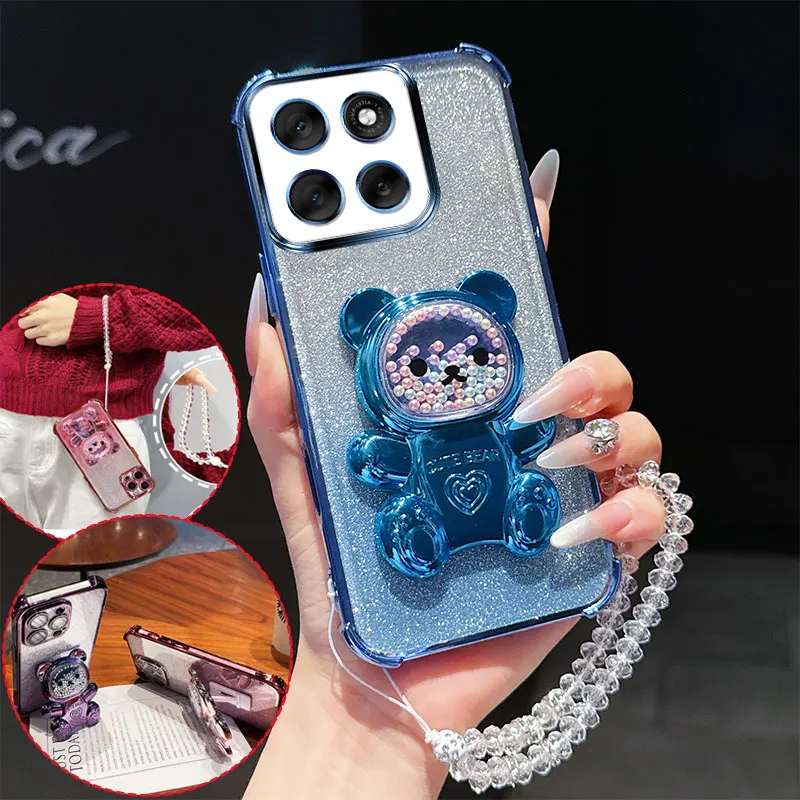 Shockproof Phone Case with 3D Bear Stand and Crystal Chain Lanyard - Transparent and Stylish Design