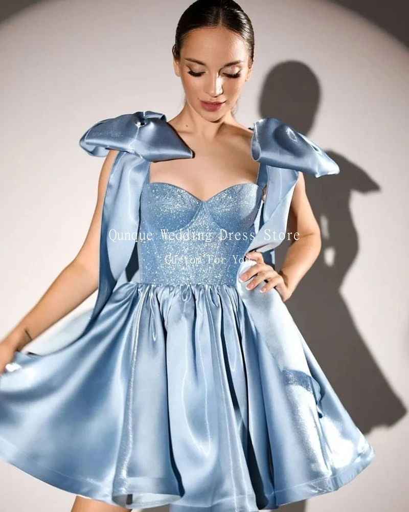 Qunque Shiny Satin Cocktail Dress Bow Straps Short A Line Corset Homecoming Dresses Vestidos Para Eventos Especiales